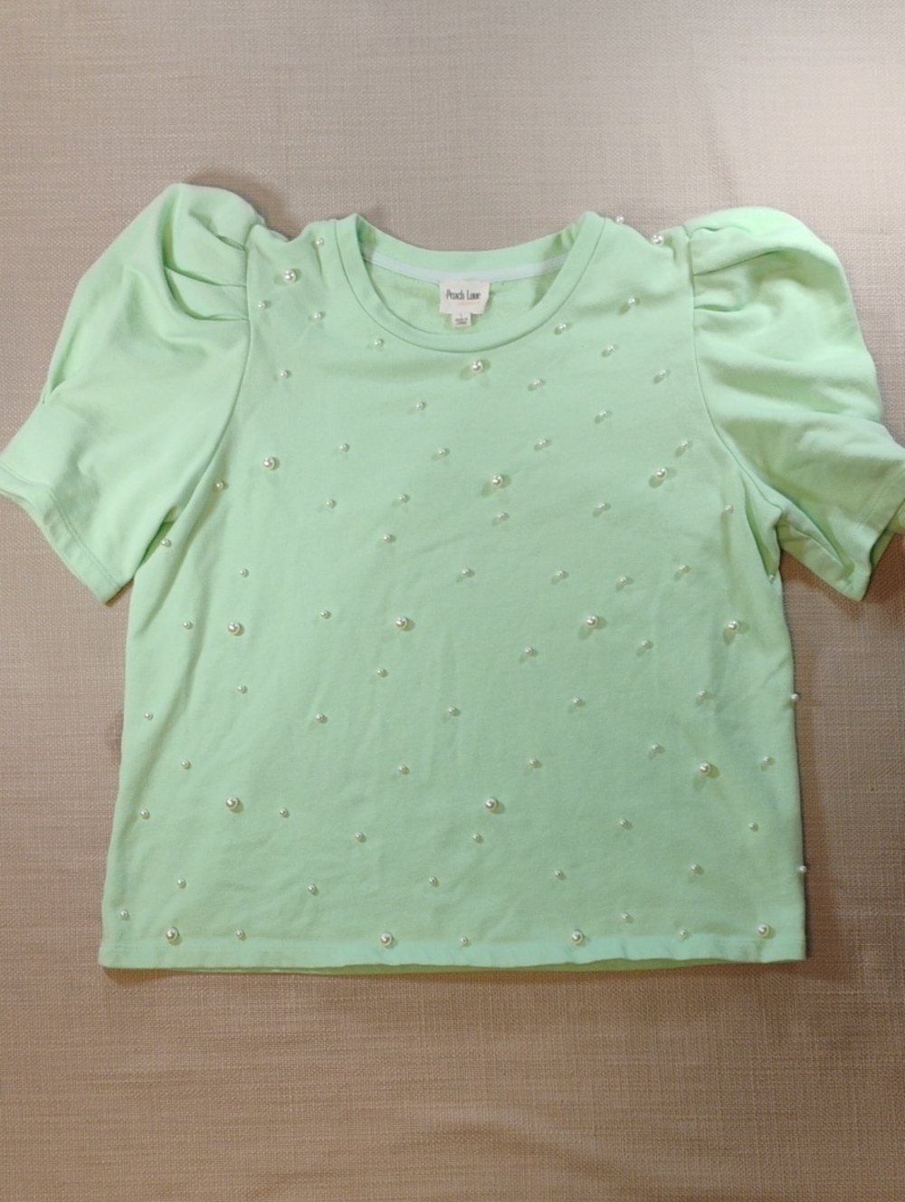 Peach Love California Mint Green Puff Sleeve Tee with Pearl Embellishments